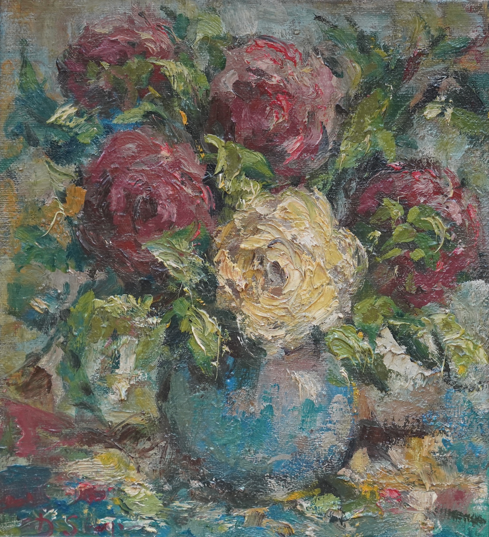 After Dorothea Sharp, impasto oil on canvas, Still life of roses in a vase, bears signature, 33 x 30cm